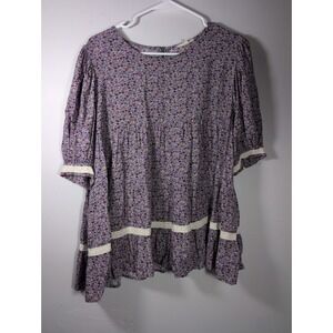 easel Purple Floral Peasant Blouse with Cream Trim